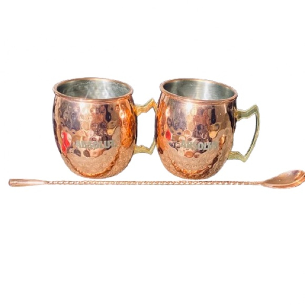 Absolut Vodka Copper Mugs Lot of 2 + Spoon Barware For Cocktails Moscow Mules